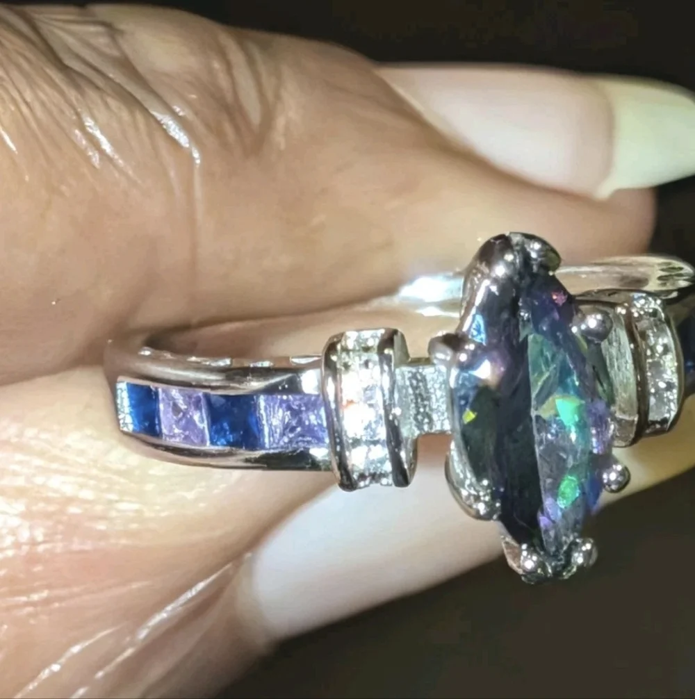 925 Sterling Silver Rainbow Fire Mystical Topaz + Amethyst Wedding Ring Sz 6